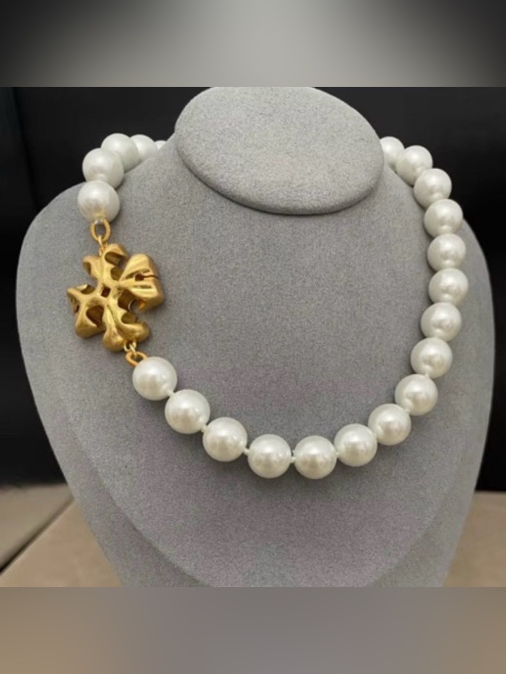 Tory Burch White Pearl Necklace with Gold Logo Accent
